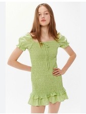 Faithfull the Brand Cette LinenLime Green Smocked Puff Sleeve Mini Dress 4