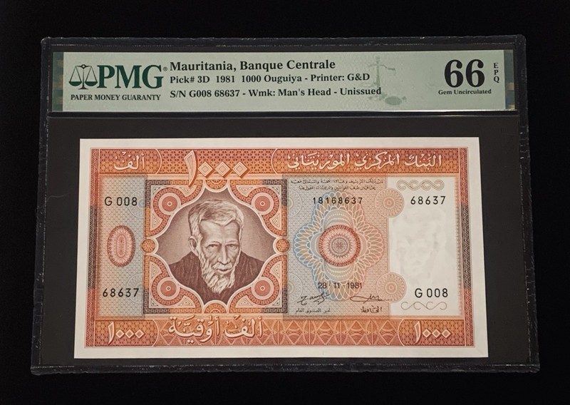 1981 Mauritania Banque Centrale 1000 Ouguiya Pick#3D PMG 66 EPQ Gem UNC