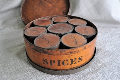 Antique wooden Spice Box Set: 8pc spice containers and 1 lg container.