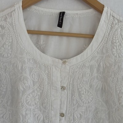 Sacred Threads L White Blouse Lightweight Embroidered Cotton Boho Beach