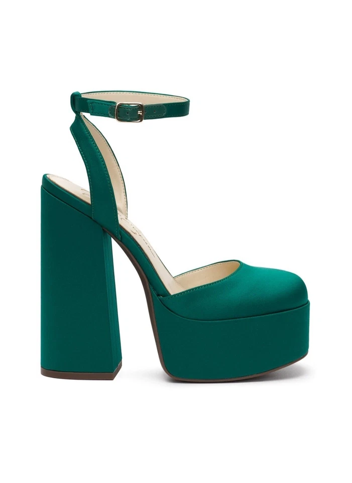 JESSICA SIMPSON SKILLA verde cetim plataforma bomba fivela alça salto tamanho 8 médio - Imagem 4 de 4