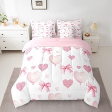 Pink Bowknot Comforter Set 7 Pieces Twin Size Romantic Love Pattern Bedding S...