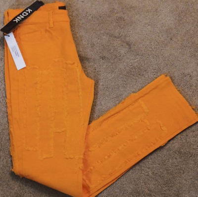 KDNK Orange Solid Denim Distressed Skinny Fit Men's Jeans 5-Pocket Logo