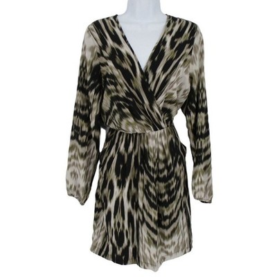 Akiko Dress Womens Small Silk Animal Print Mini V Neck Pockets Office Flowy
