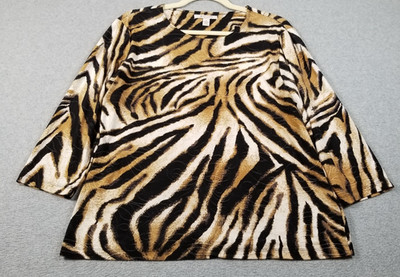 JM Collection Top Women s Medium M Tiger Striped Animal Print ¾ Sleeves Stretch