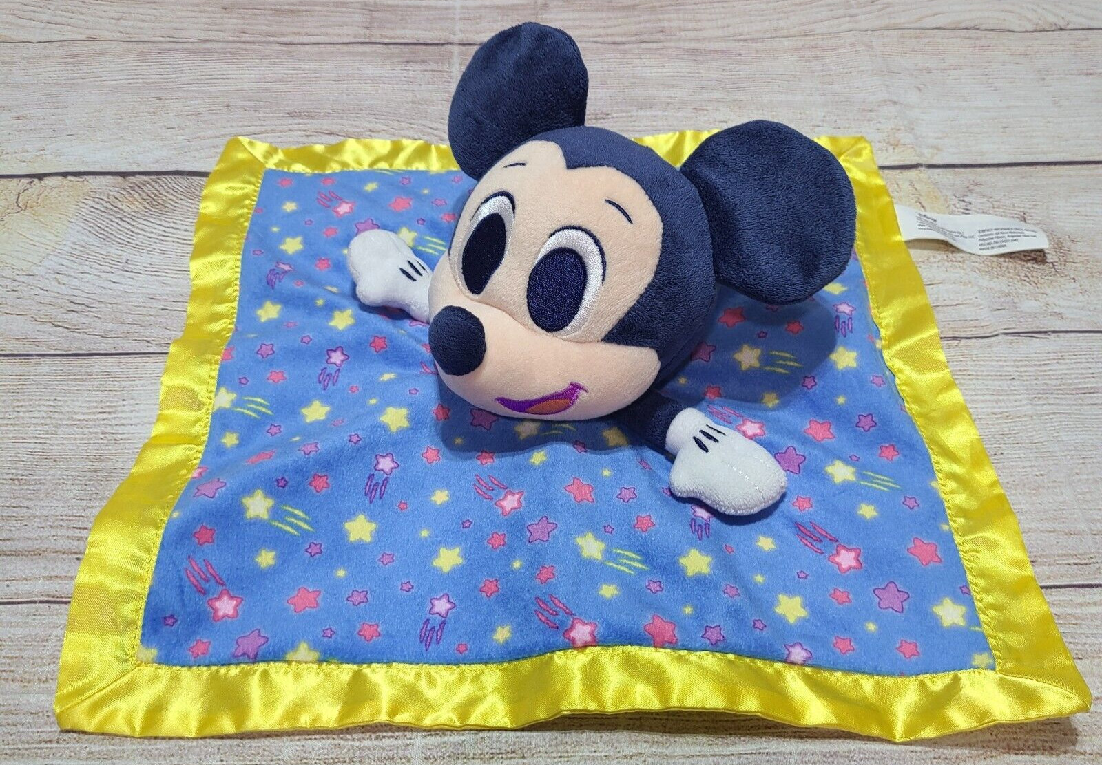 Disney Mickey Mouse Baby Lovey Security Blanket Rattle Yellow Satin Trim 12.5"