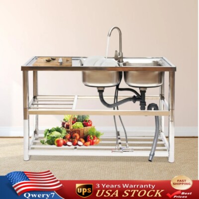 Free Standing Stainless-Steel Double Bowl Kitchen Utility Sink Set w/ Prep Table