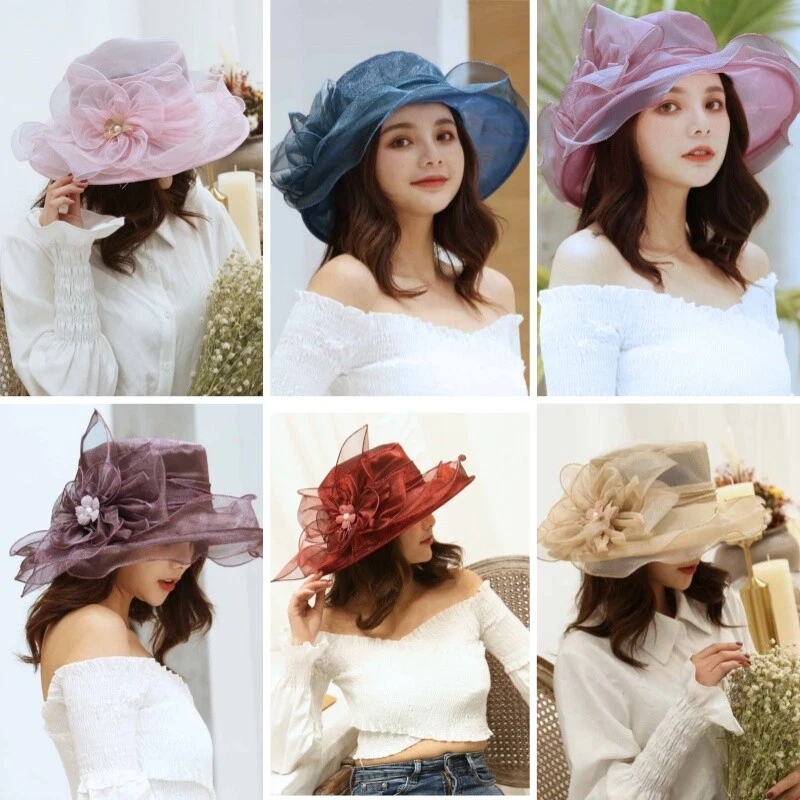 Women Beach Sun Wedding Hat Organza Flower Hats Foldable Party Church Gown Hat
