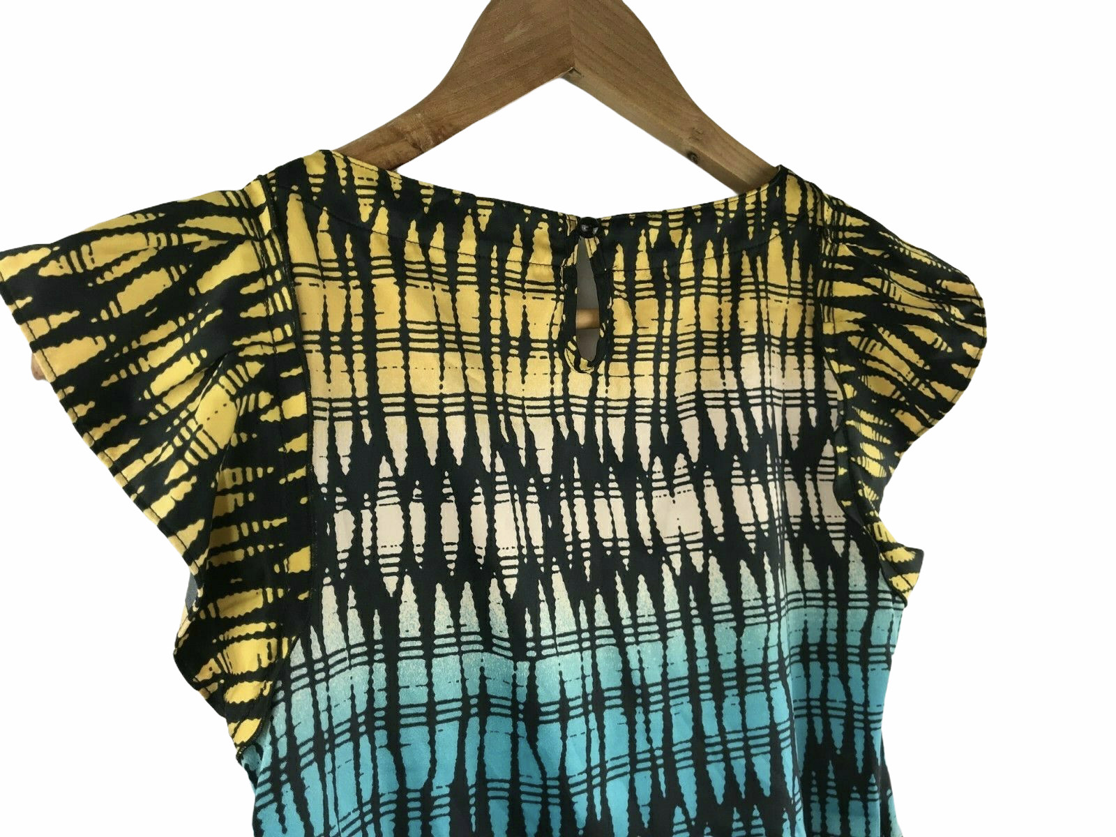Women's Flutter Cap Sleeve Business Casual Shirt Silky Blue Yellow Limited XS image 7
