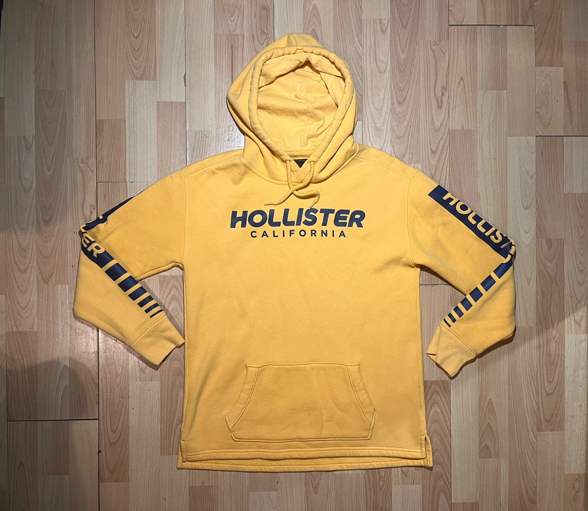 Hollister California Hoodie Mens Small Yellow Long Sleeve Logo Drawstrings