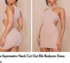 Woman's Stone Asymmetric Neck Out Rib Bodycon Dress Uk Size 16 BNWT
