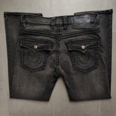 True Religion Ricky Relaxed Straight Black Denim Jeans Mens 34 Flap Thick  Stitch