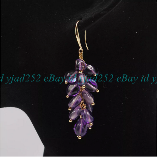 8-10mm Natural Purple Amethyst Irregular Gems Grape Dangle Gold Hook Earrings - Picture 5 of 10