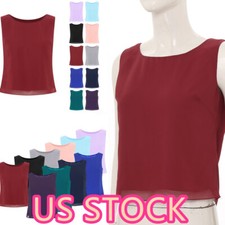 Womens Round Neck Vest Tops Summer Chiffon Layer Tank Tops Loose Fit T-Shirt