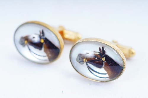 Vintage Equestrian Reverse Painted Glass Horse Head Cuff Links - Picture 2 of 10