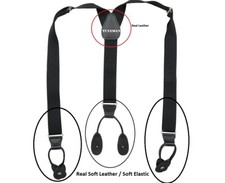 NEW Men's Black Button On Suspenders Tuxedo Braces Real Leather Soft elastic USA