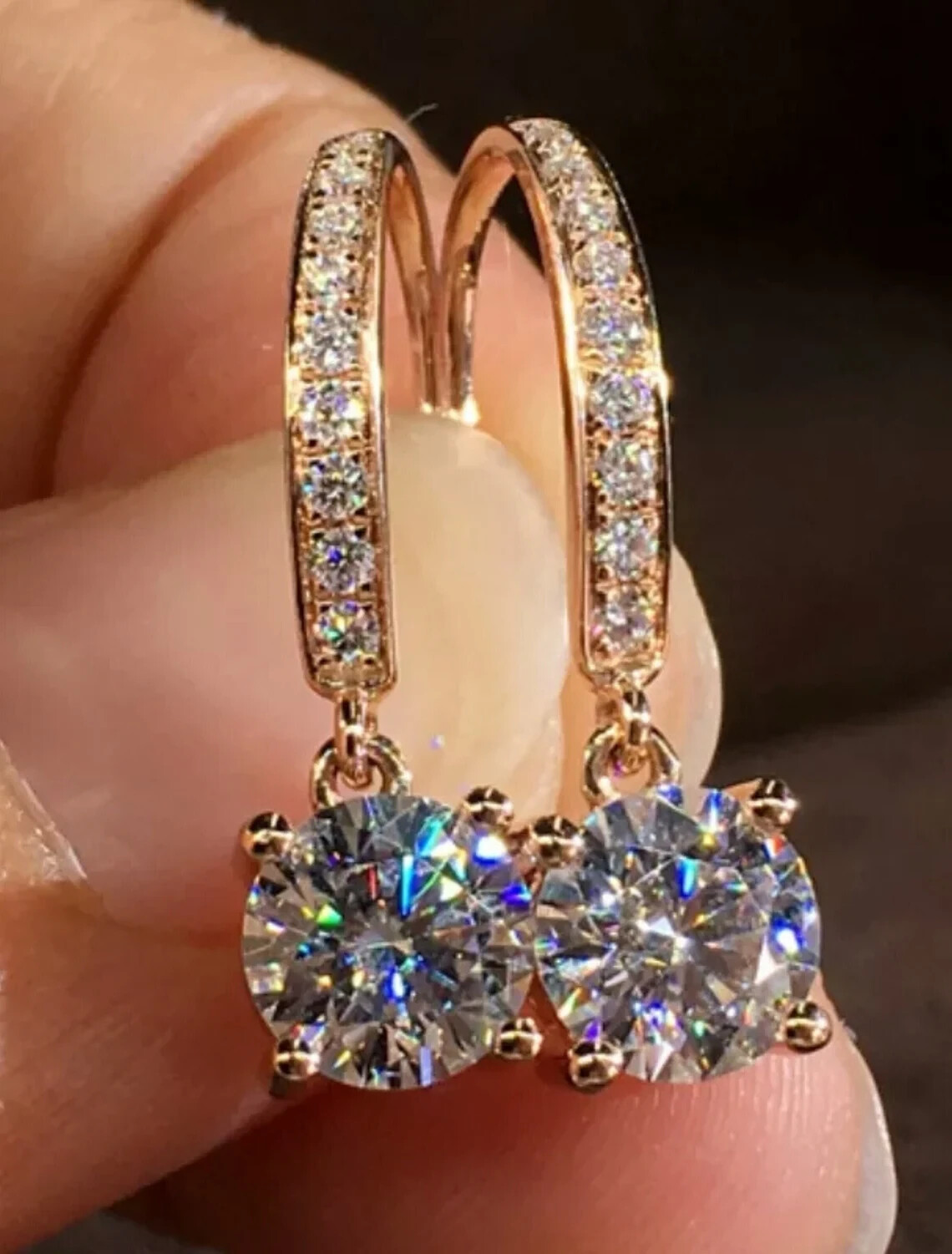 Real Moissanita 4Ct Corte Redondo Mujer Gota / Pendientes Largos 14K Rosa Dorado