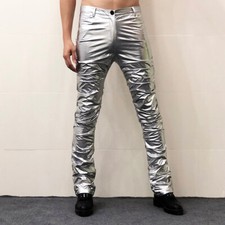 Pantalones elásticos lisos de cuero sintético arrugado brillante metálico aspecto húmedo para hombre