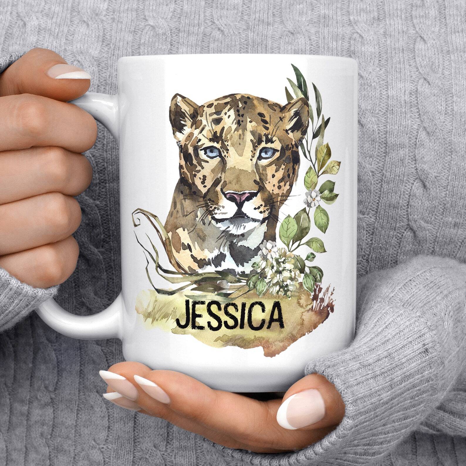 Leopard Cat Personalized Name Coffee Mug Microwave Dishwasher Safe Cup