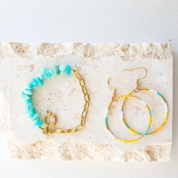 Pacote com 3! Pulseira e brincos pulseira de pedra preciosa amazonita E aros de contas - Imagem 2 de 4