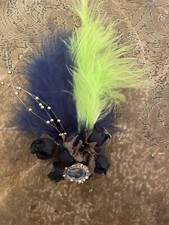 Retro Navy Blue Dried Flowers Chartreuse Feather Diamante Hair Clip Fascinator