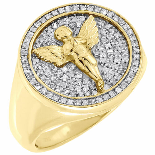 Diamond Pinky Ring Angel Wings Praying Medallion Circle Top Pave Band 0.50 Ct. - Picture 1 of 5