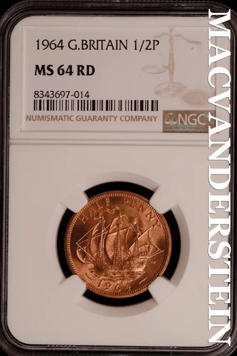 Great Britian: 1964 One Half Penny-NGC MS 64 RD Brilliant Uncirculated #SLG142