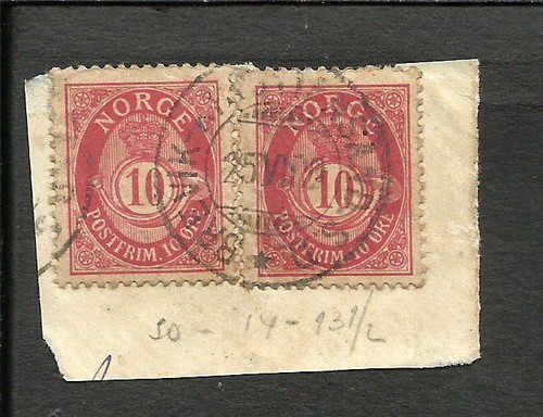 NORWAY SC # 51 a PAIR ON FRAGMENT BREVIK CANCEL, VF