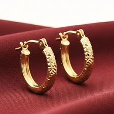 10K Real Solid Gold Hand Engraved Diamond-Cut Creole Hoops Earrings All Sizes