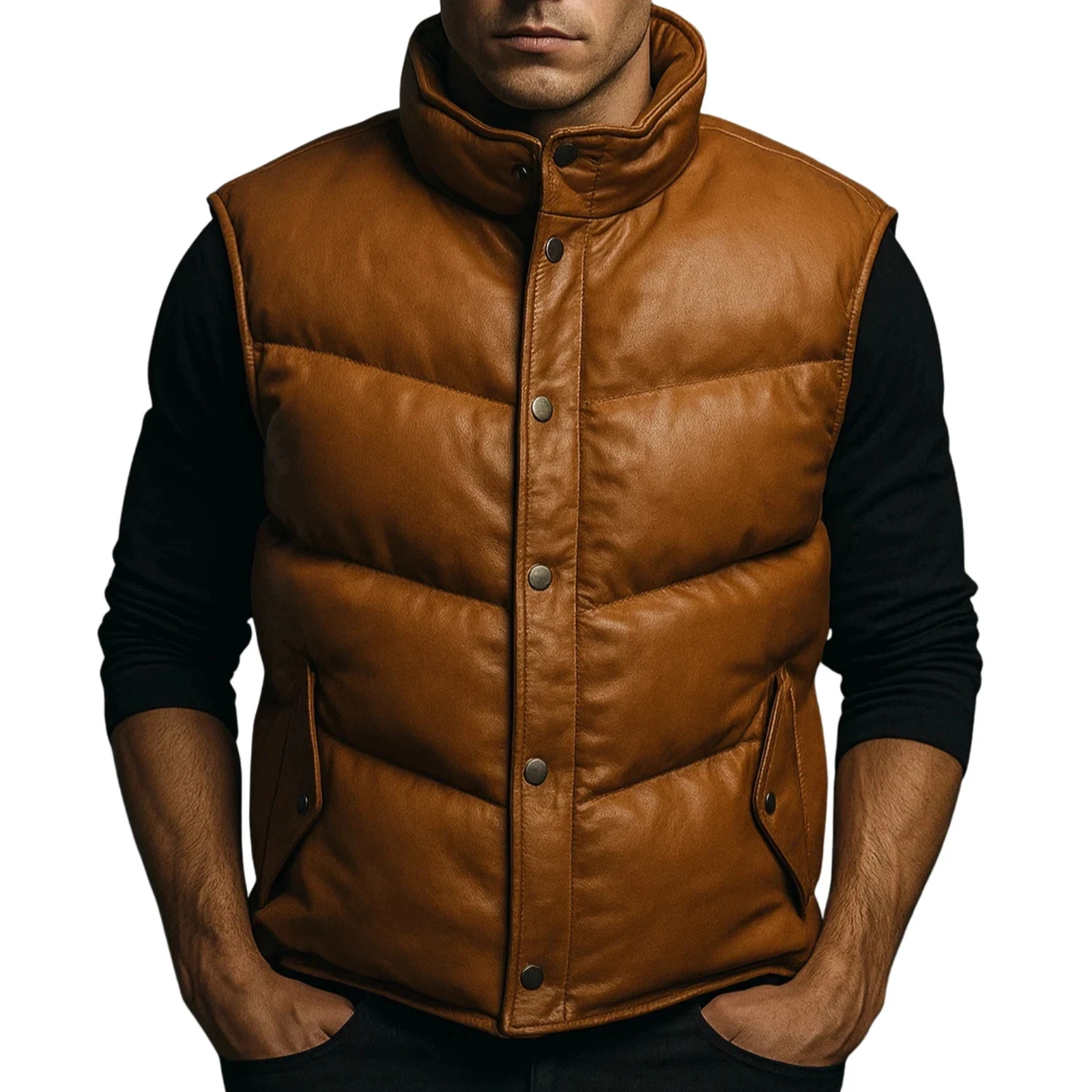 Brown Genuine Leather Puffer Coat Men's Real Leather Quilted Winter Warm Coat