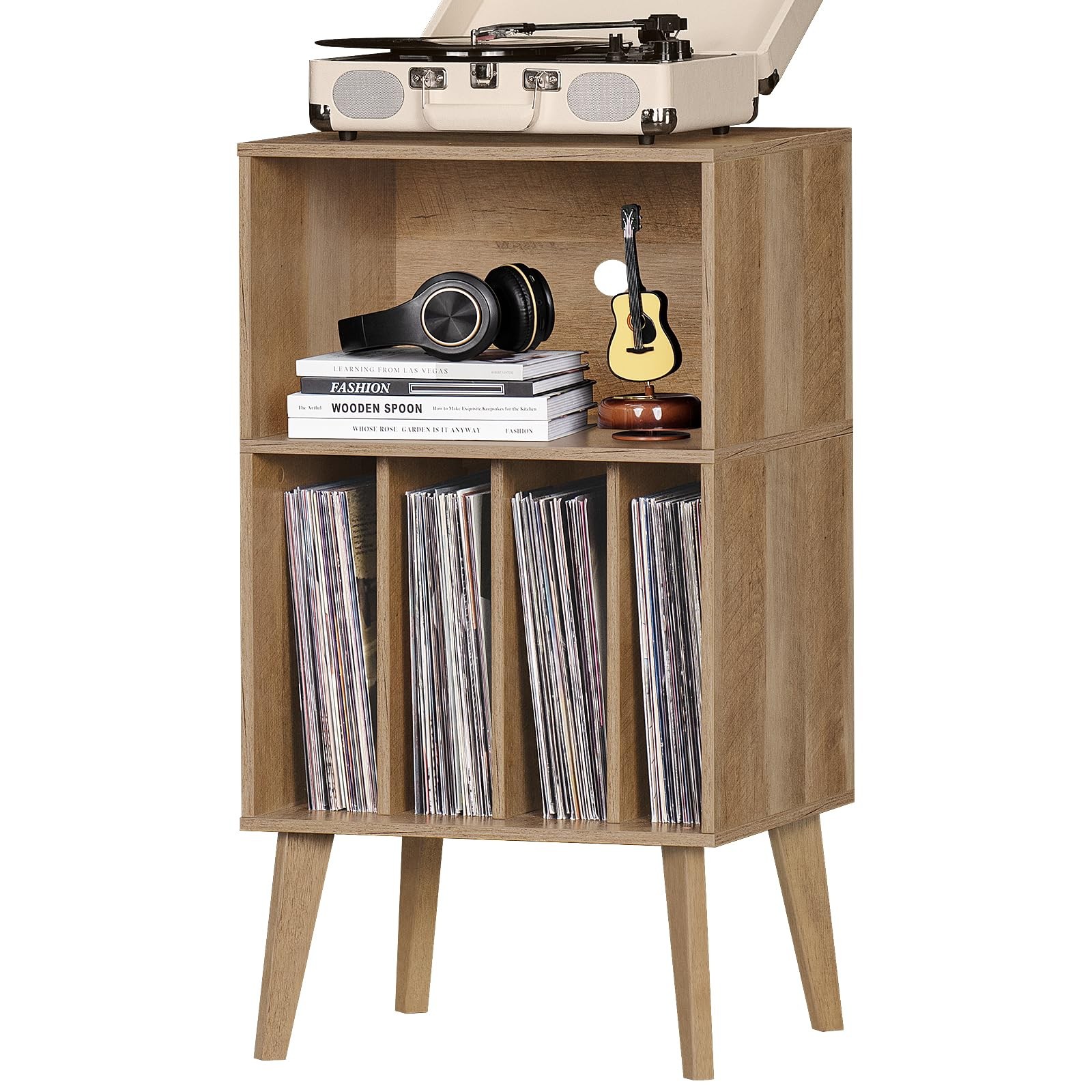 Oak Record Player Stand with Storage for 160 Albums, Mid-Century Turntable Stand-image