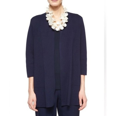 Eileen Fisher Long Silk-Cotton Interlock Open Front Cardigan Sweater Navy Small