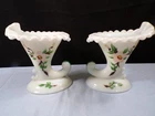 Set of 2 Fenton Milk Glass Painted Cornucopia Candle Holders Pink Flowers