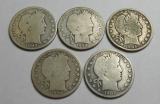 Barber half dollar lot__all different__5 coins