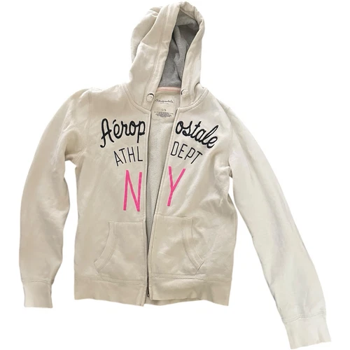OFF WHITE Felpa con cappuccio zip intera Aeropostale Athl Dept NY 87 donna L bianco panna rosa