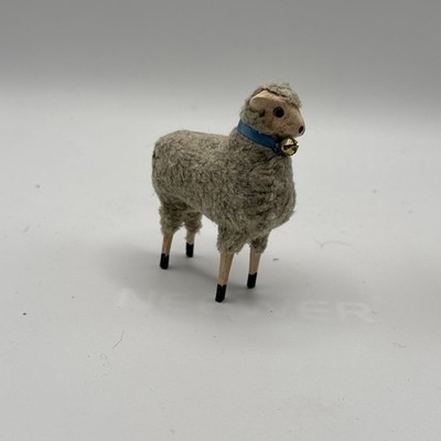 Antique Stick Leg Composition Gray Sheep Lamb W/ Blue Collar And bell