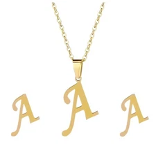 Initial Letter Pendant Necklace Earrings Set for Women Gold Plated Stainless ...