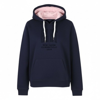 GANT New Haven Women Hooded Sweatshirt M Dark Blue Logo Kangaroo Pocket Pullover
