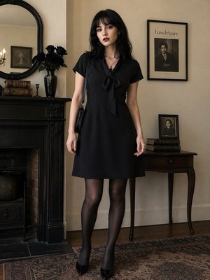 Womens Black Short Sleeve Knee Length Dress Satin Bow Tie Wednesday Adams Goth 6