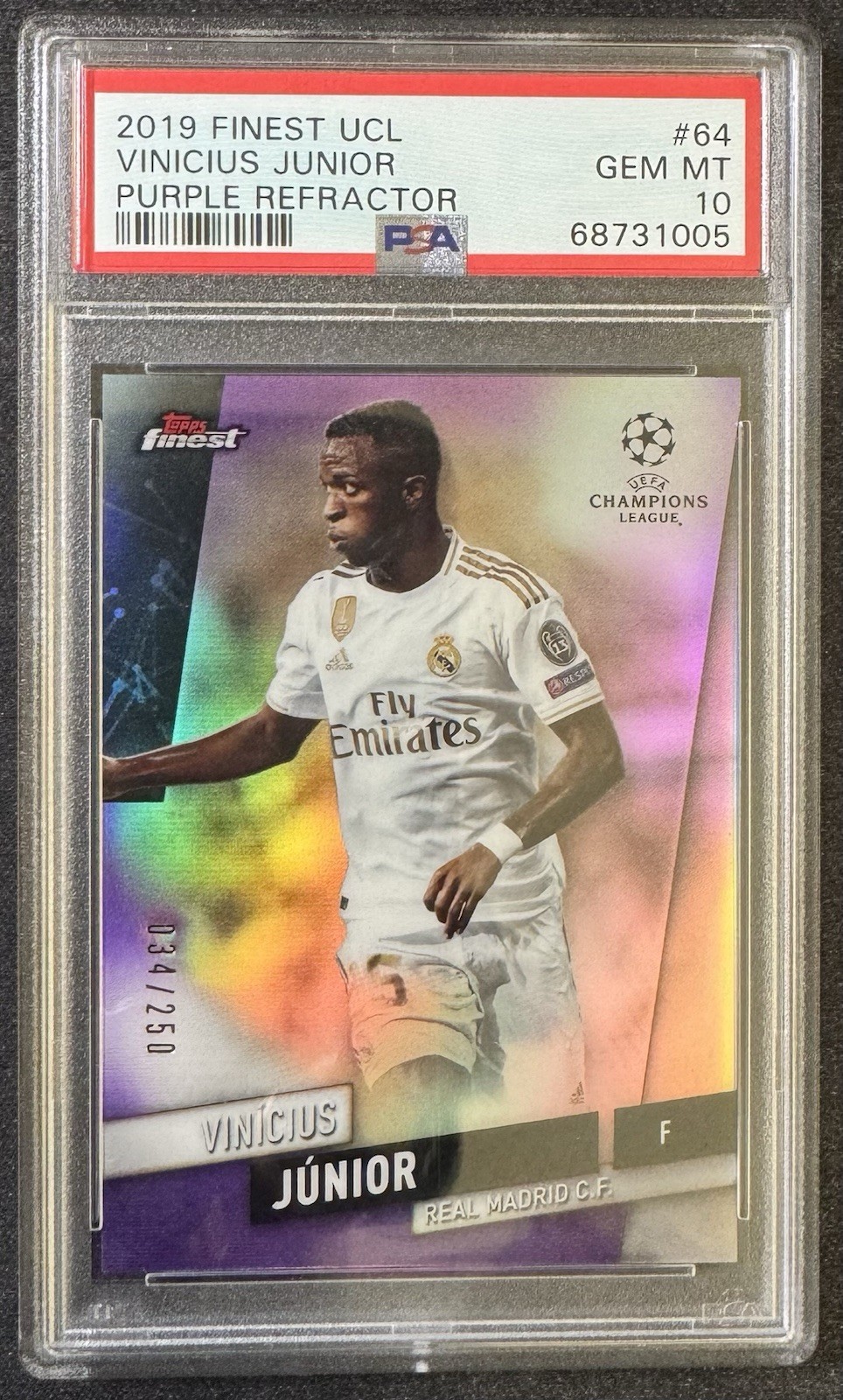 2019-20 Topps Finest UCL Purple Refractor #64 Vinicius Jr PSA 10 view 2