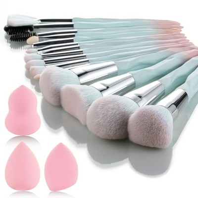 Pink Blue Gradient Makeup Brushes and Makeup Sponges Set 18Pcs/Set ，Soft Synt...
