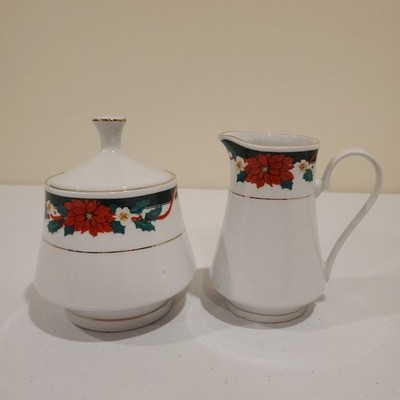 Deck The Halls Poinsettia Christmas Holiday China Creamer & Sugar Set Tienshan