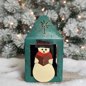 Vintage Style Green Metal Snowman Lantern Christmas Caroler Candle Holder 10"