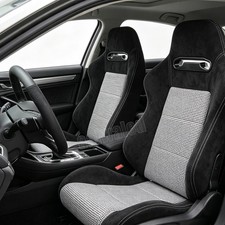 Pair Universal Reclinable Racing Car Seats Dual Slider Suede Black White Plaid Pair Universal Reclinable Racing Car Seats Dual Slider Suede Black White Plaid