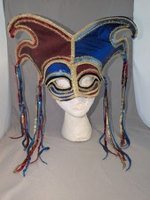 Mardi Gras Half Mask Venetian Mask Red Blue Gold Trim Sequins Tassles Costume