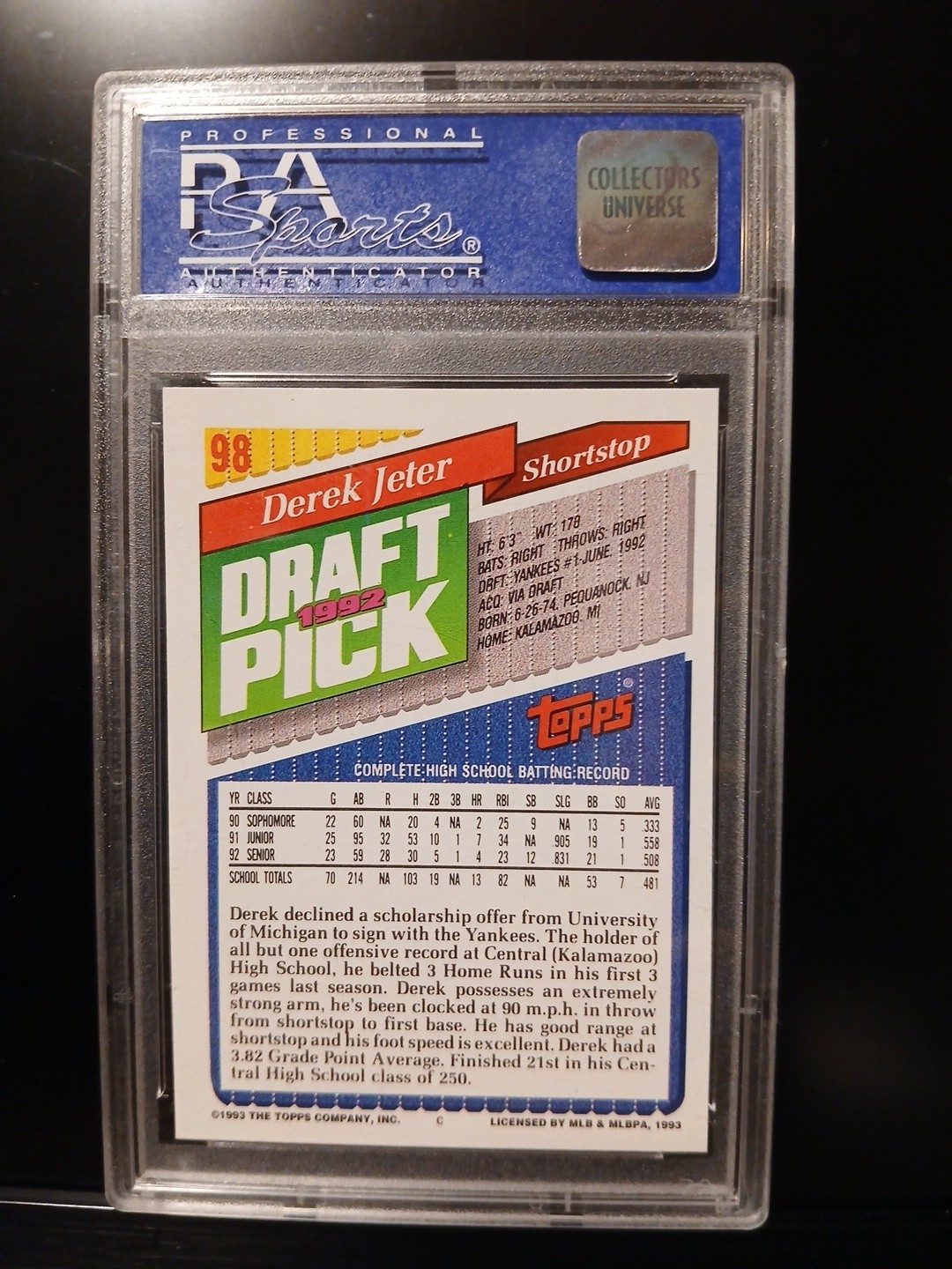 1993 Topps - Derek Jeter #98 (RC) PSA 9 rookie view 2