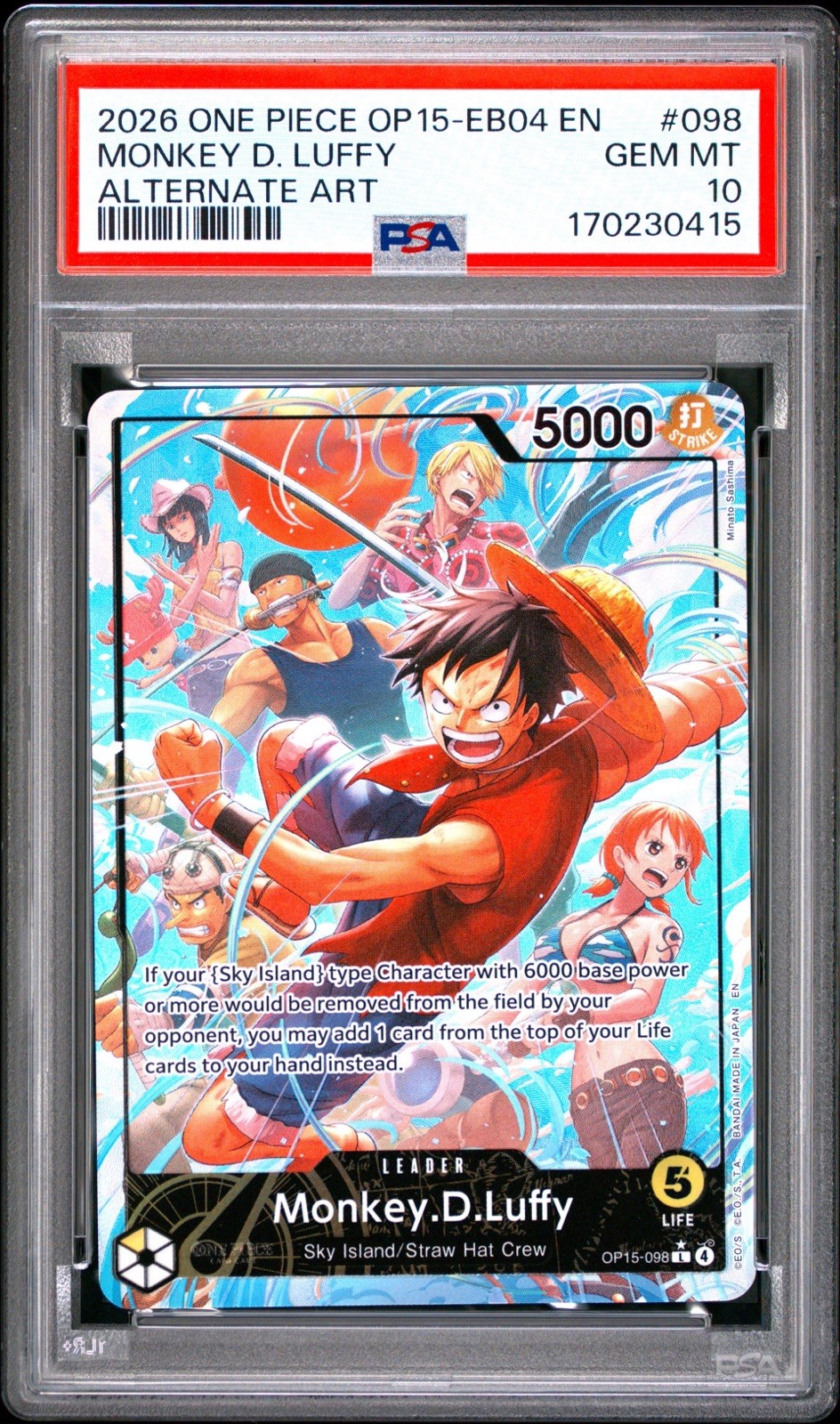 2026 ONE PIECE OP15-EB04-ADVENTURE ON KAMI'S ISLAND #098 MONKEY D. LUFFY PSA 10