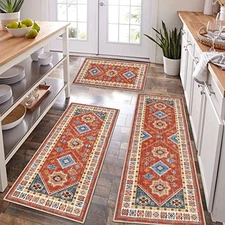 HEBE Boho Kitchen Rug Sets 3 Piece with Runner Non Slip Kitchen Rugs and Mats 