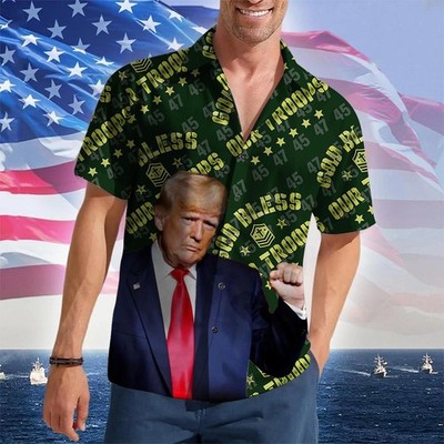 God Bless Our Troops Hawaiian Shirt Trump 2024 Merch Patriotic Button Up Gifts F