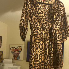 Women's Brown/Black Leopard Print Wrap Midi Dress V-Neck 3/4 Sleeve M